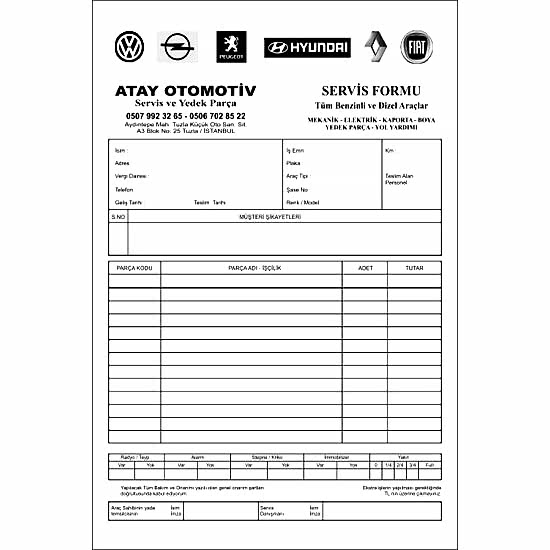 Oto Tamir Bakım Teknik Servis Formu Oto Tamir Bakım Teknik Servis Formu