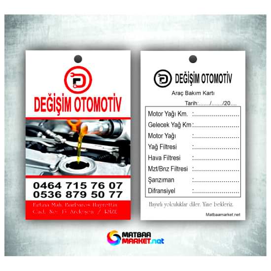 Oto Bakım & Yağ Değişim Kartları Baskı Hizmeti Oto Bakım & Yağ Değişim Kartları Baskı Hizmeti